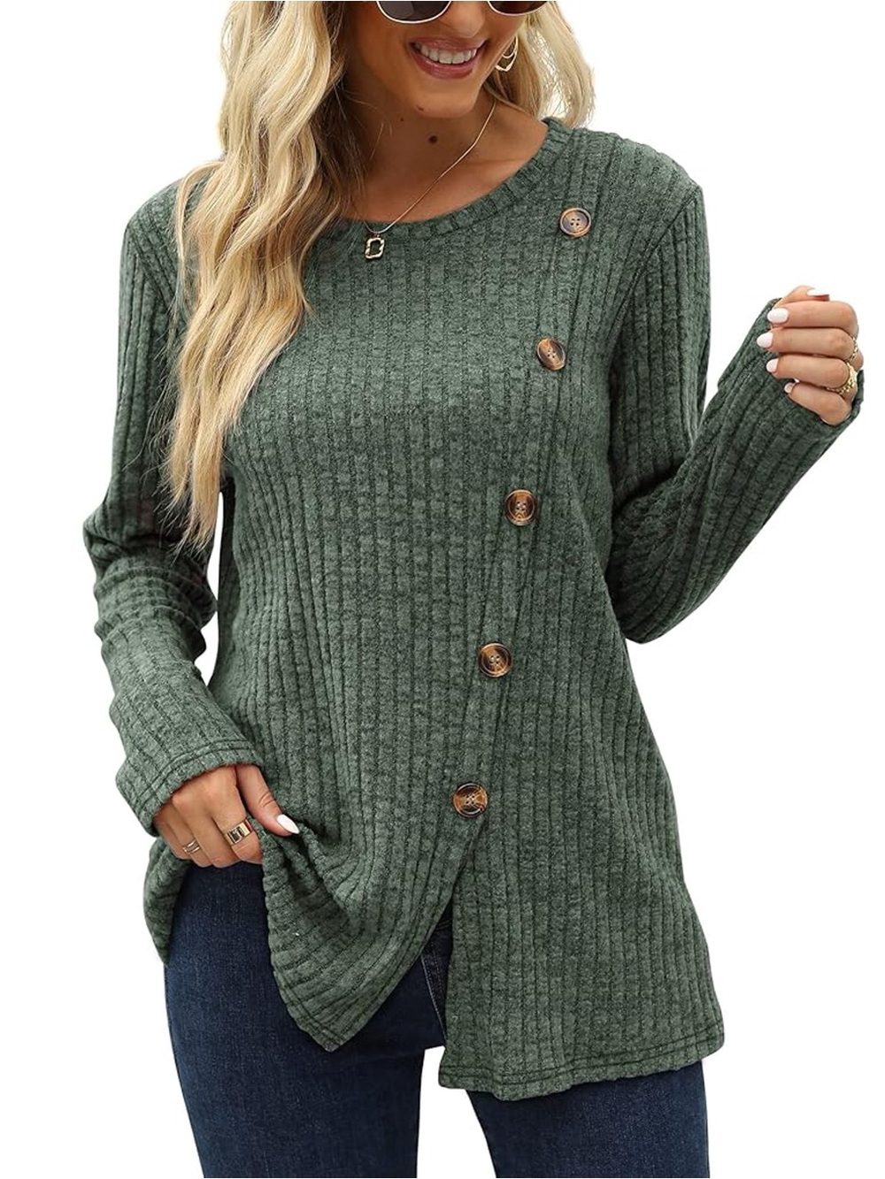 Olive Green Asymmetrical Ribbed Long Sleeve Crewneck Pullover Sweater Size XL